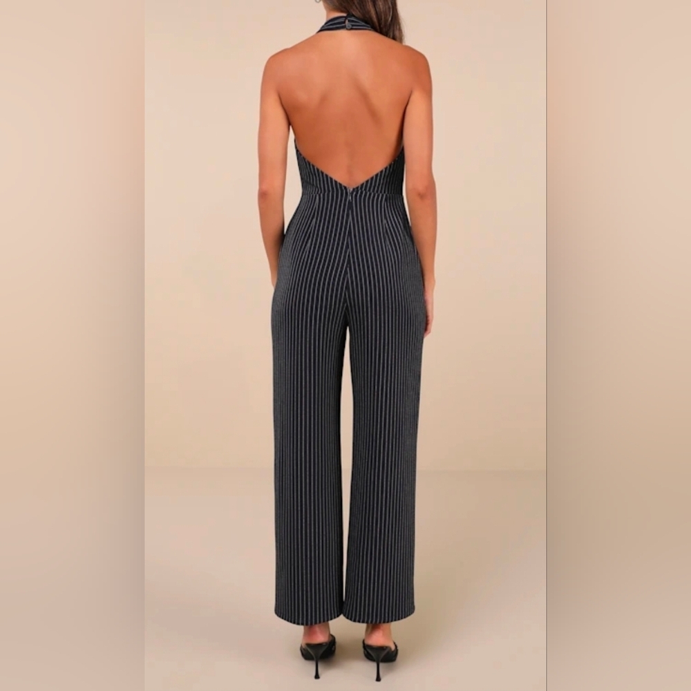 Lulu's Navy Blue and White Striped Halter Jumpsuit